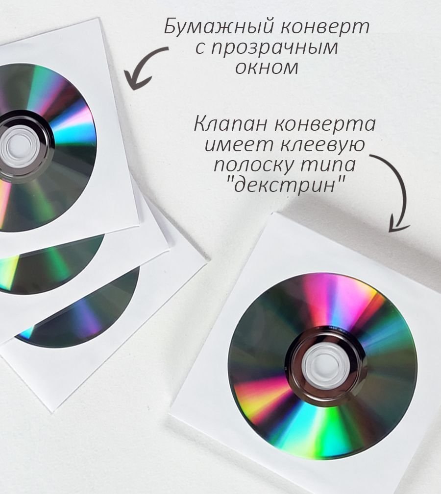 Конверт упаковка для CD/DVD диска белый бумажный 90г/м2, с прозрачным ...