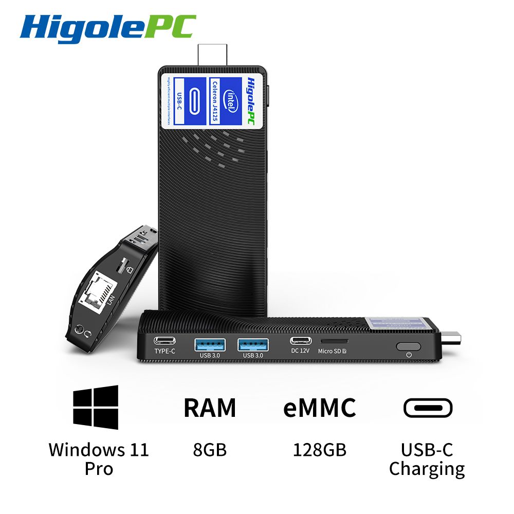 HigoleМини-ПКPCStick(IntelCeleronJ4125,RAM8ГБ,HDD128ГБ,IntelUHDGraphics600,Windows11Pro),черно-серый,черный