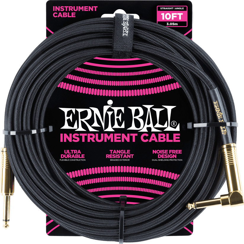 Ernie Ball 6081 кабель инструментальный, оплетёный, 3,05 м, прямой/угловой джеки, чёрный #1