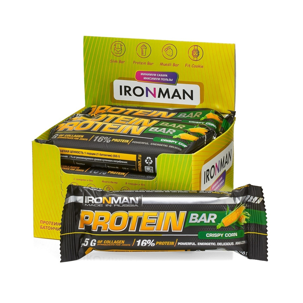 Протеиновый батончик 12х50 г Кукуруза - белая глазурь, с коллагеном Protein  Bar IRONMAN/ спортивное питание для похудения - купить с доставкой по  выгодным ценам в интернет-магазине OZON (199766621)