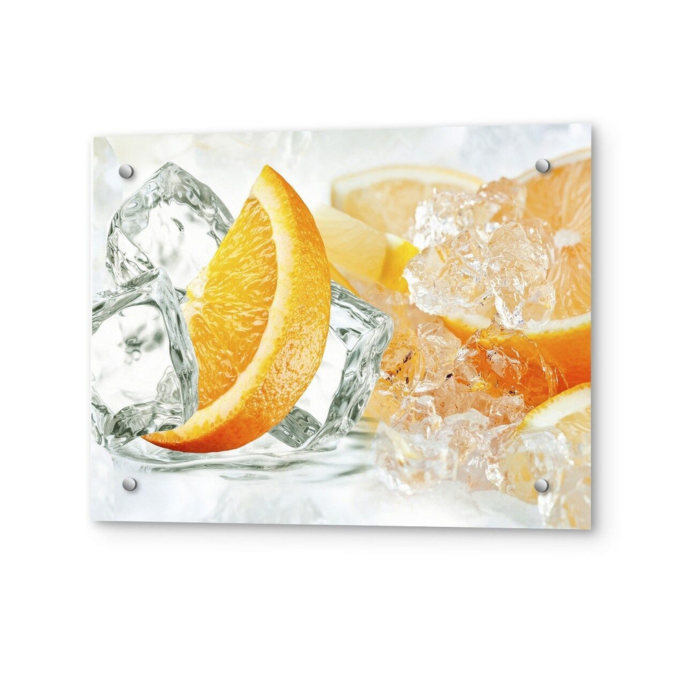 Фартук для кухни на стену из закаленного стекла 600х500х4 мм Апельсины и лёд Защитный экран от брызг #1