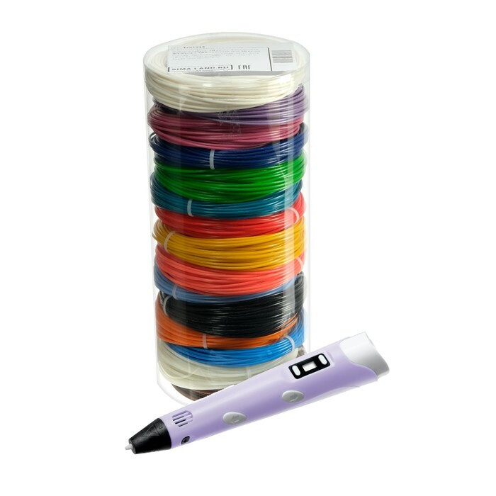 Комплект в тубусе 3Д ручка с дисплеем фиолетовая + пластик ABS 15 цветов/10 метров+трафареты  #1