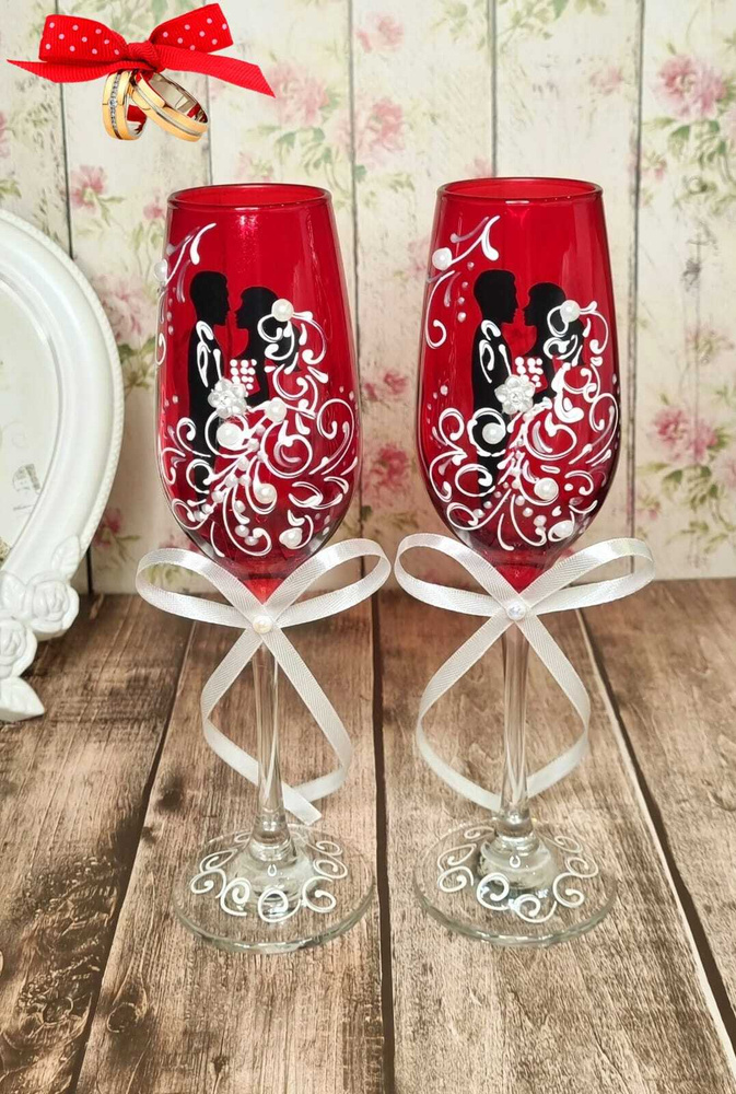 Свадебные бокалы "Нежность"в красном цвете с ручной росписью / фужеры ...