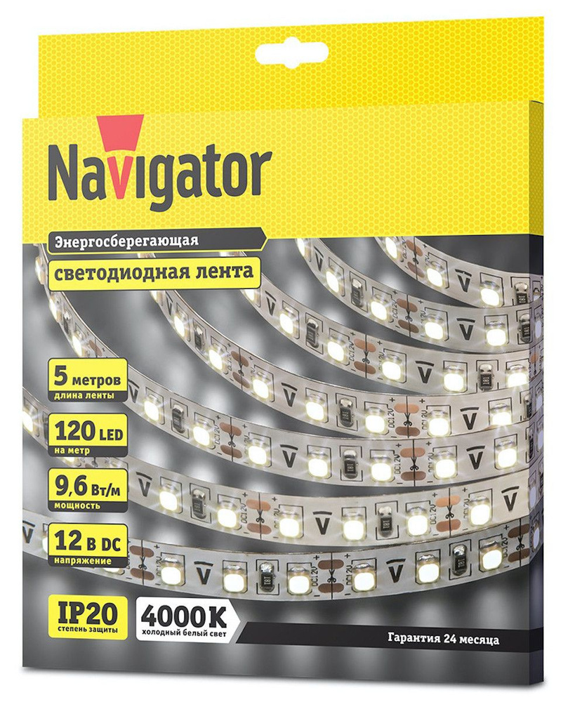 Светодиодная лента Navigator, 12В, IP20, 120 LED/m 120 LED/м, 9,6 Вт, IP20,  готовая, 5 м / Шаг резки 2.5 см, ширина 8 мм / Подсветка для интерьера  декора в комнате квартире доме