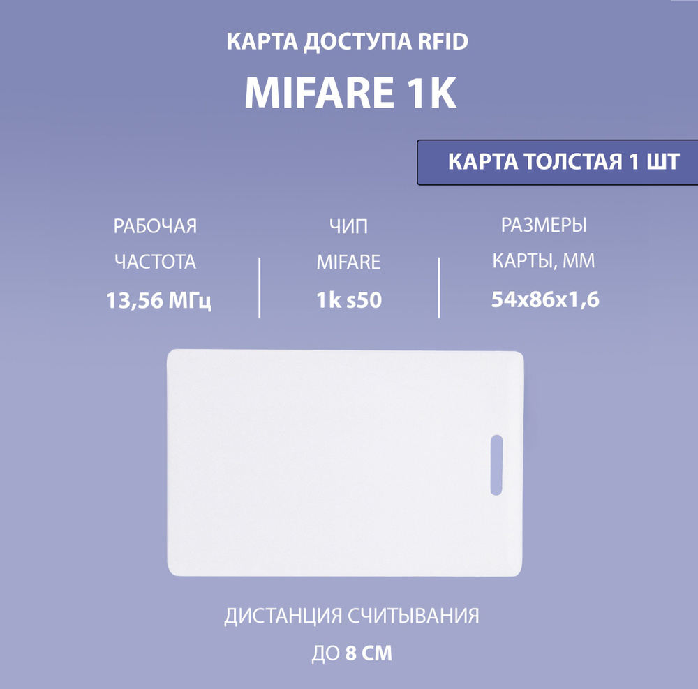 Карта доступа толстая Mifare 1k RFID NFC (1шт) с прорезью. Частота 13,56 МГц. Карта с кодом (идентификатор), #1