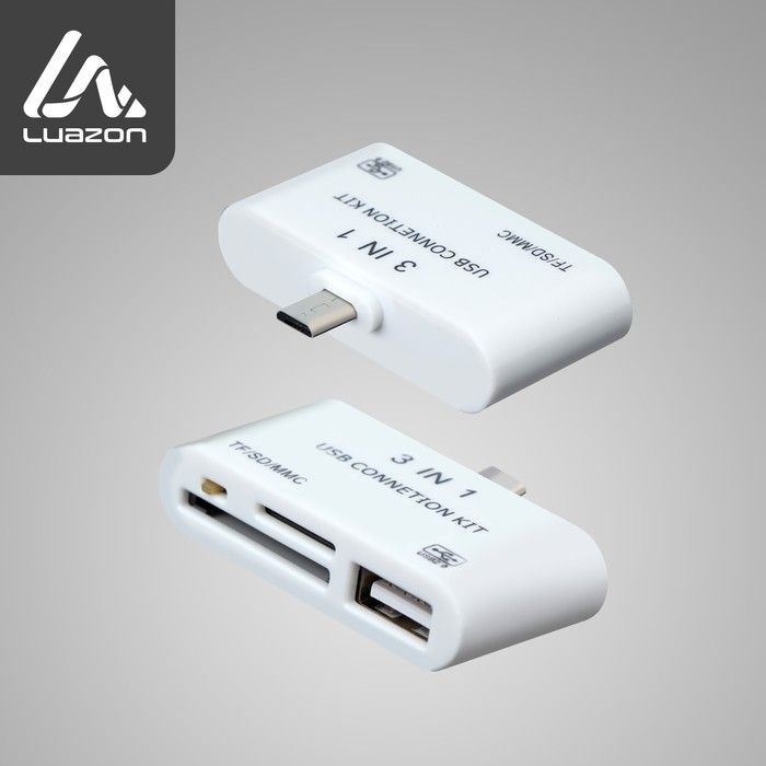 Картридер-OTG Luazon LNCR-100, адаптер microUSB, разъемы USB, microSD, SD, белый  #1