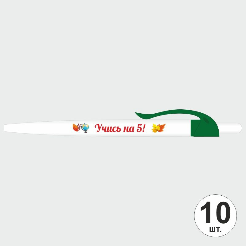 Подарочный набор ручек ПолиЦентр "Учись На 5" 10 шт, темно-зеленый клип, синий стержень #1