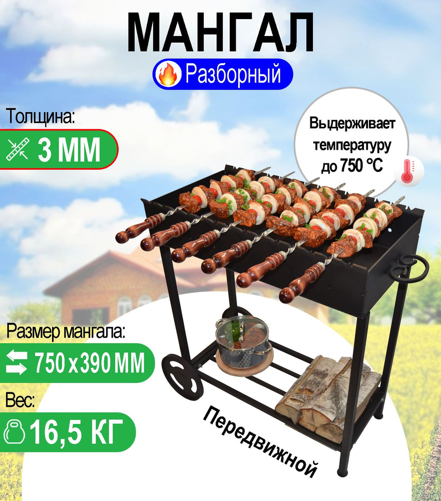 Мангал передвижной с колесами, разборный 3 мм.ПРОФИ- МР 750 #1