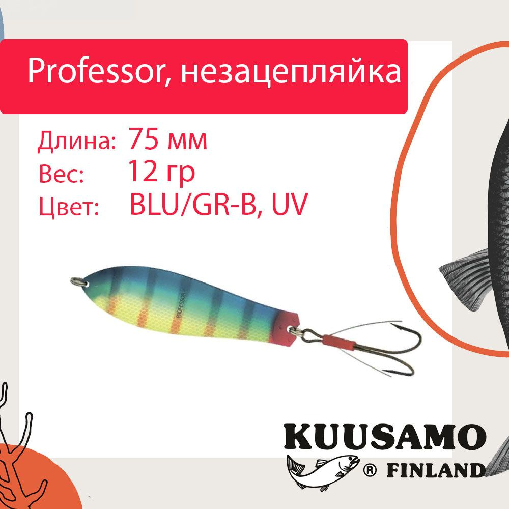 Блесна для рыбалки Kuusamo Professor 3, 75/12 незацепляйка, BLU/GR-B, UV (колебалка)  #1