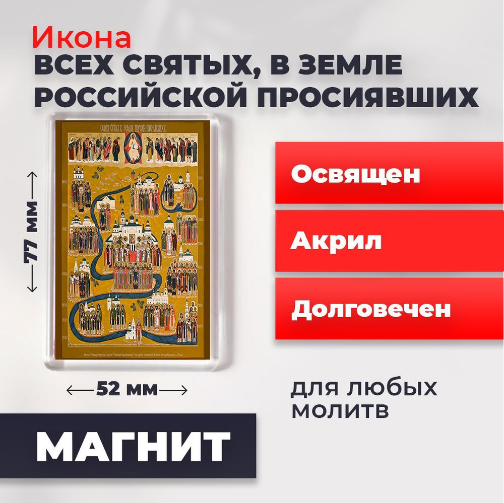 Икона-оберег на магните "Всех Святых в земле Русской Просиявших", освящена, 77*52 мм  #1