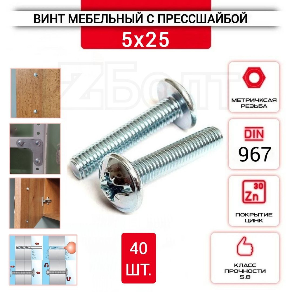 Винт мебельный с полукруглой головкой и прессшайбой, DIN967, 5х25, 40 шт.  #1