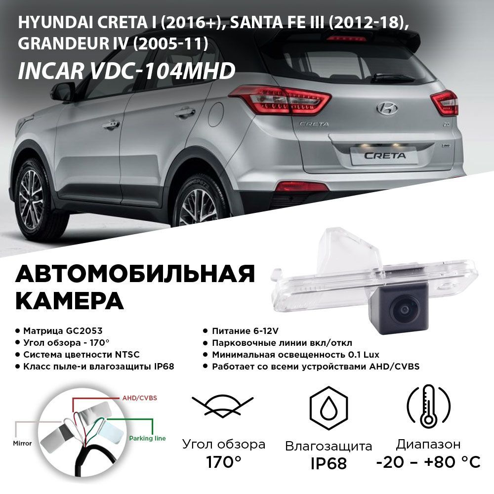 Камера Hyundai Creta I (16+) ,Santa Fe III (12-18), Grandeur IV (05-11) MHD (Incar VDC-104MHD) #1
