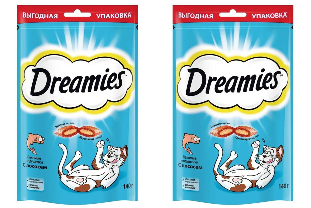 Dreamies Лакомство для кошек Лакомые подушечки с Лососем, 140 г, 2 уп  #1