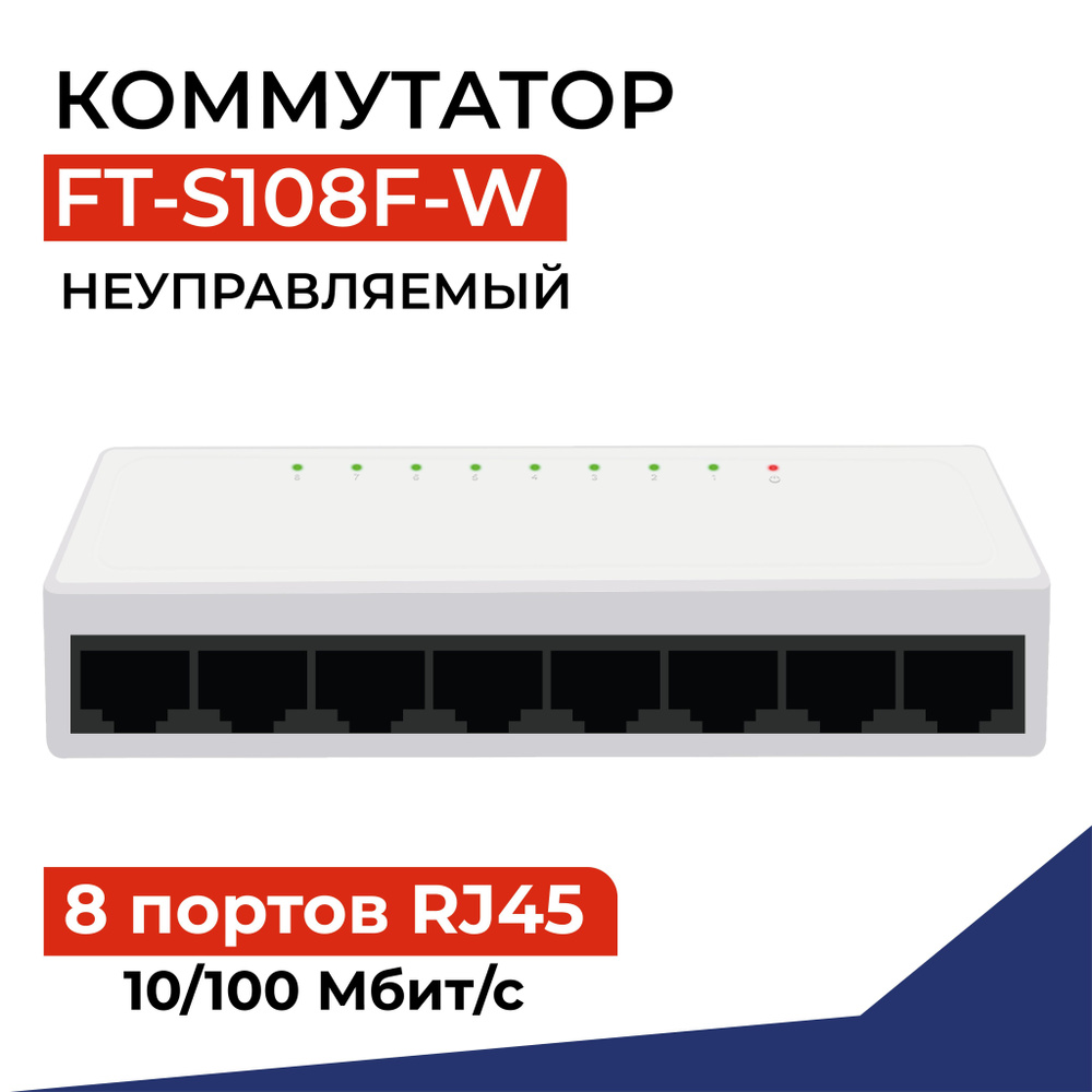 Коммутатор FIBO неуправляемый (свитч) 8 портов 10/100 Мбит/с RJ45 - купить  по выгодной цене в интернет-магазине OZON (1175650294)