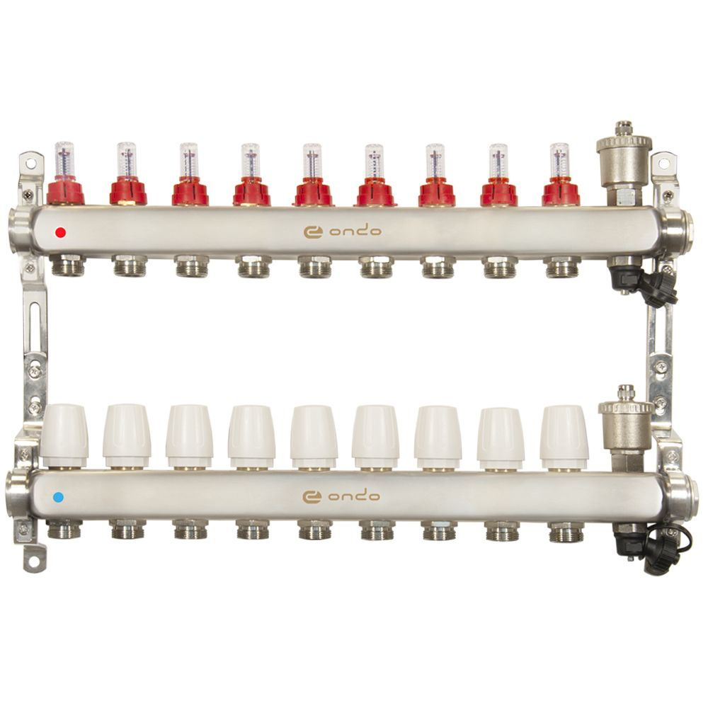 Коллекторная группа ONDO нержавеющая сталь 9 выходов в сборе с автоматическим воздухоотводчиком, расходомерами #1