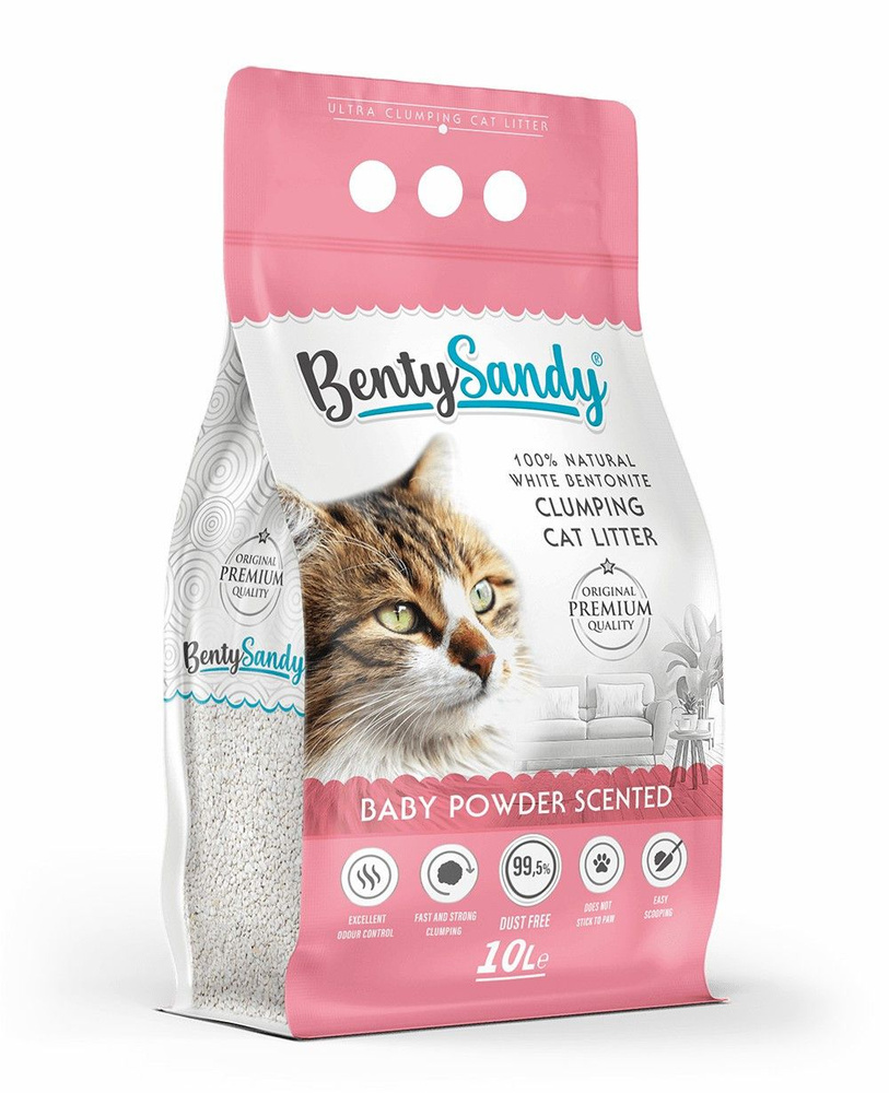 BentySandy Baby Powder наполнитель для кошачьего туалета комкующийся, глиняный, с ароматом детской присыпки #1