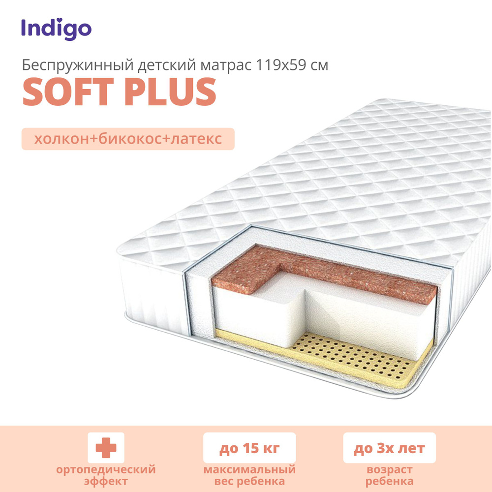 Матрас детский в кроватку для новорожденных Indigo Soft Plus 120х60, беспружинный, трехслойный, съемный #1