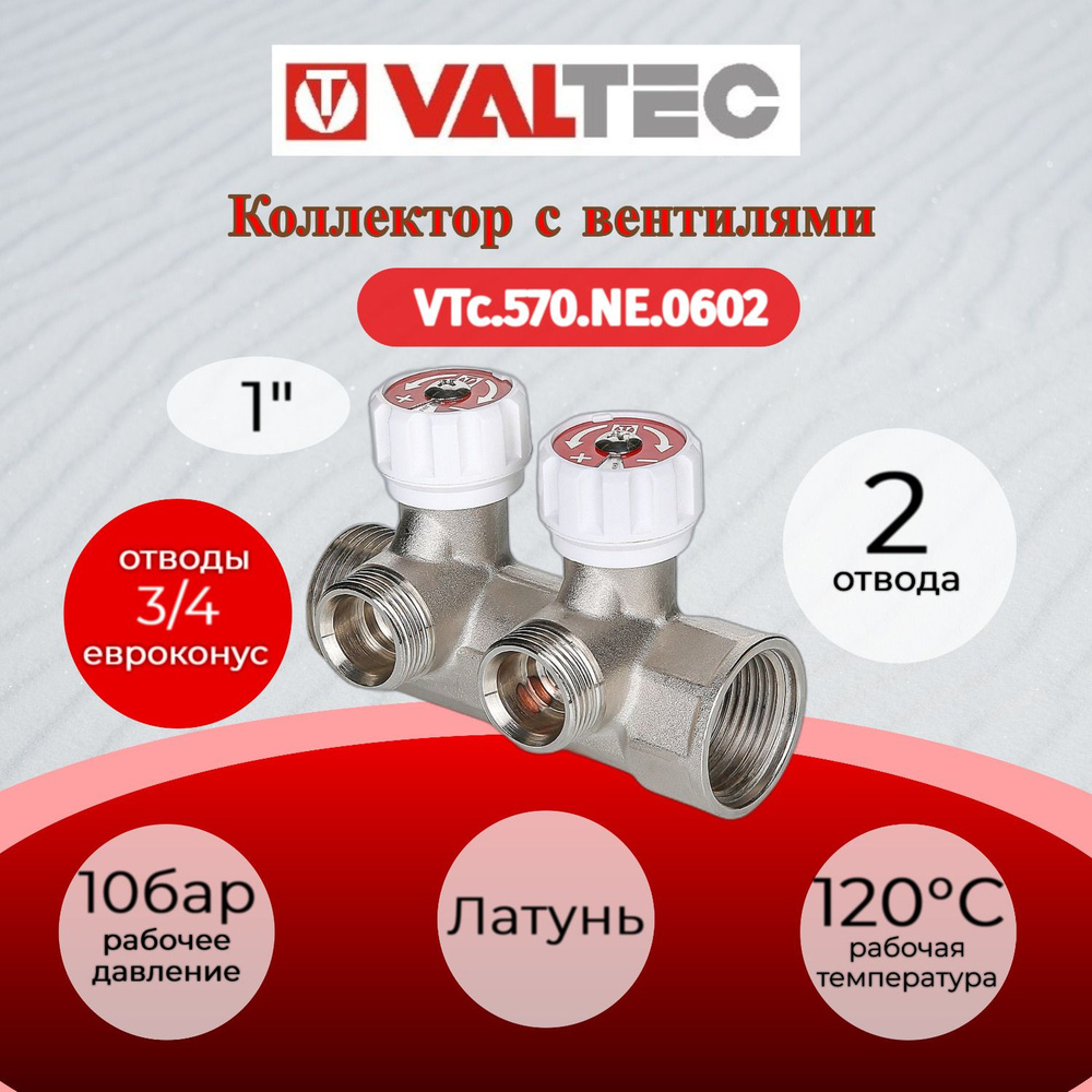 Коллектор с регул. вентилями, 1"х2 вых. Евроконус 3/4" (на подающий трубопровод) Valtec VTc.570.NE.0602 #1