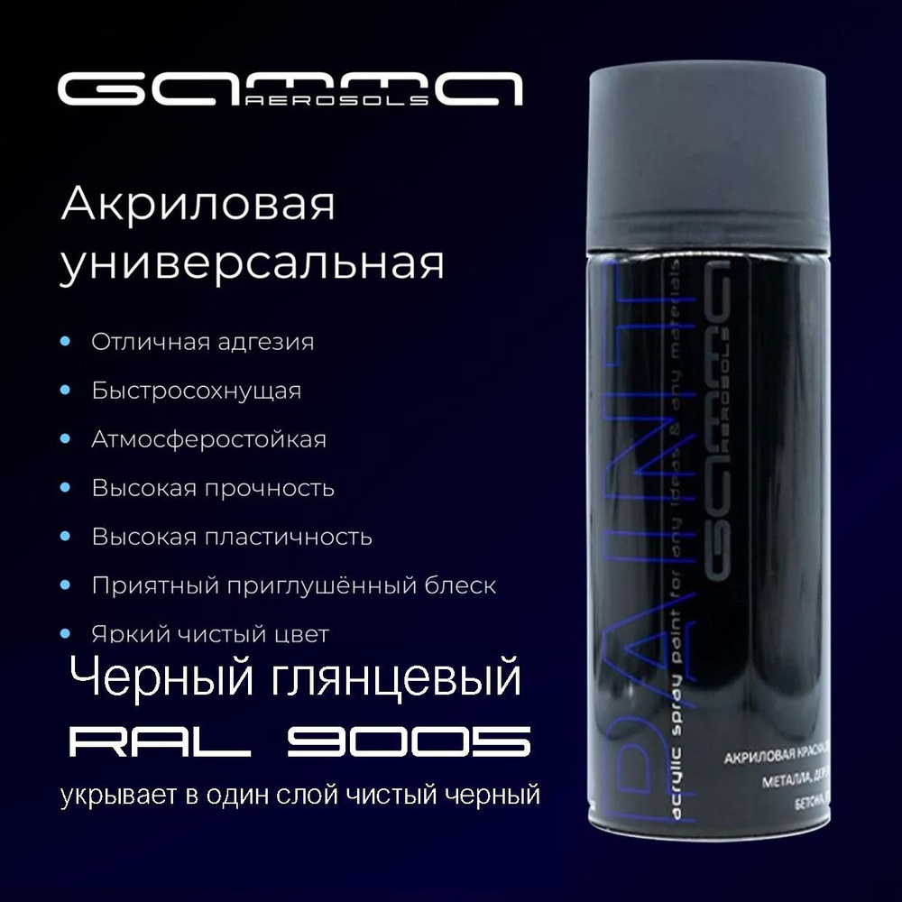 Аэрозольная краска Gamma Paint HS Быстросохнущая, Гладкая, Акриловая,  Полуглянцевое покрытие, черный - купить в интернет-магазине OZON по  выгодной цене (241771454)