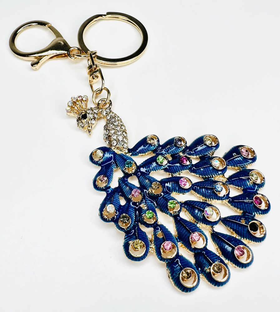 Брелок с карабином для ключей для сумки, большой золотой брелок с камнями, золотой павлин с синим хвостом #1