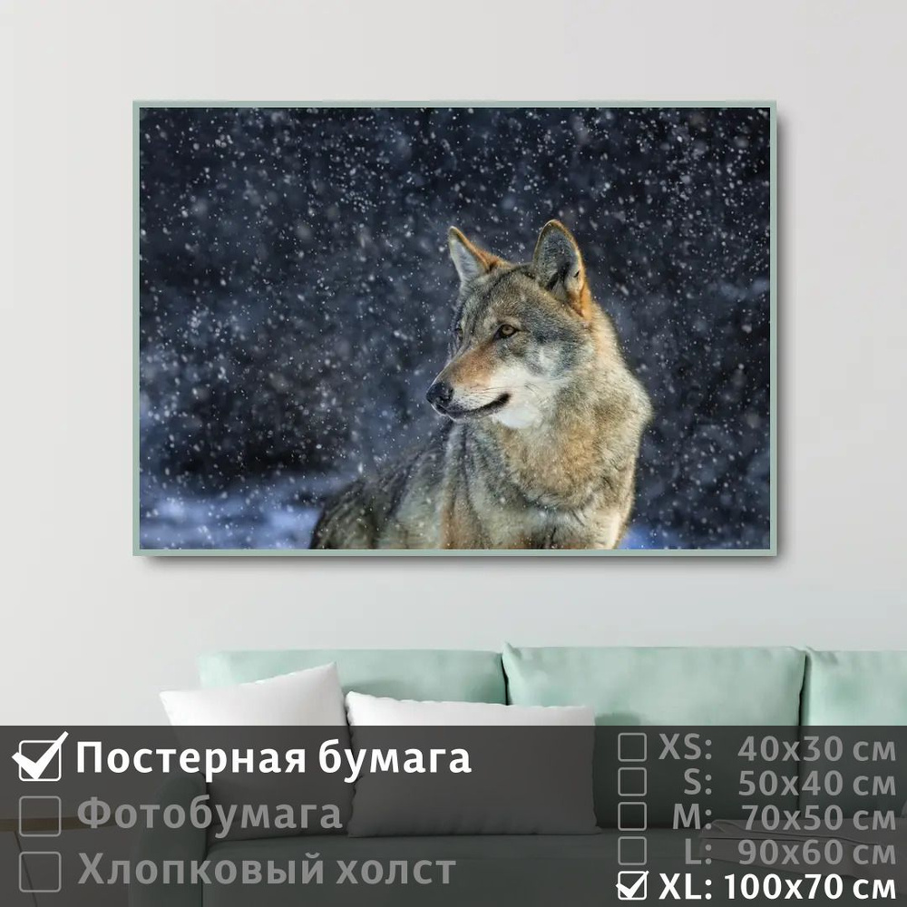 Постер на стену Одинокий Волк В Зимнем Лесу 100х70 см ПолиЦентр #1
