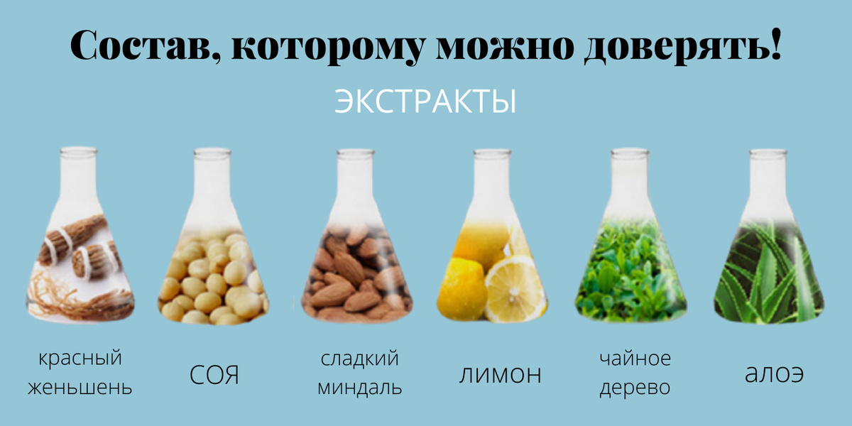 Состав, которому можно доверять! 6 натуральных компонентов: красный женьшень, соя, алоэ, лимон, чайное дерево, миндаль.