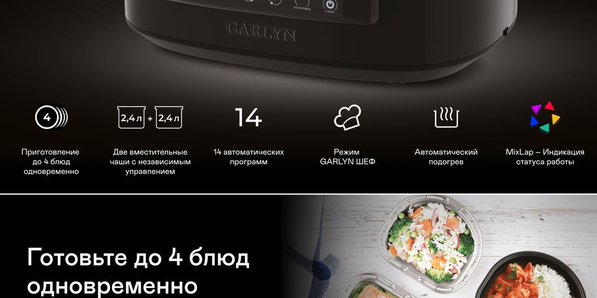 Мультиварка GARLYN MR-Duo 10 объемом 4,8 литров (2,4 + 2,4). Две чаши ...