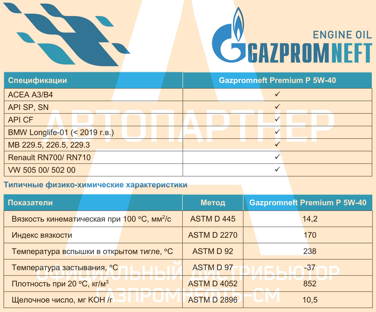 Спецификации Gazpromneft Premium P 5W-40; Типичные физико-химические характеристики Gazpromneft Premium P 5W-40