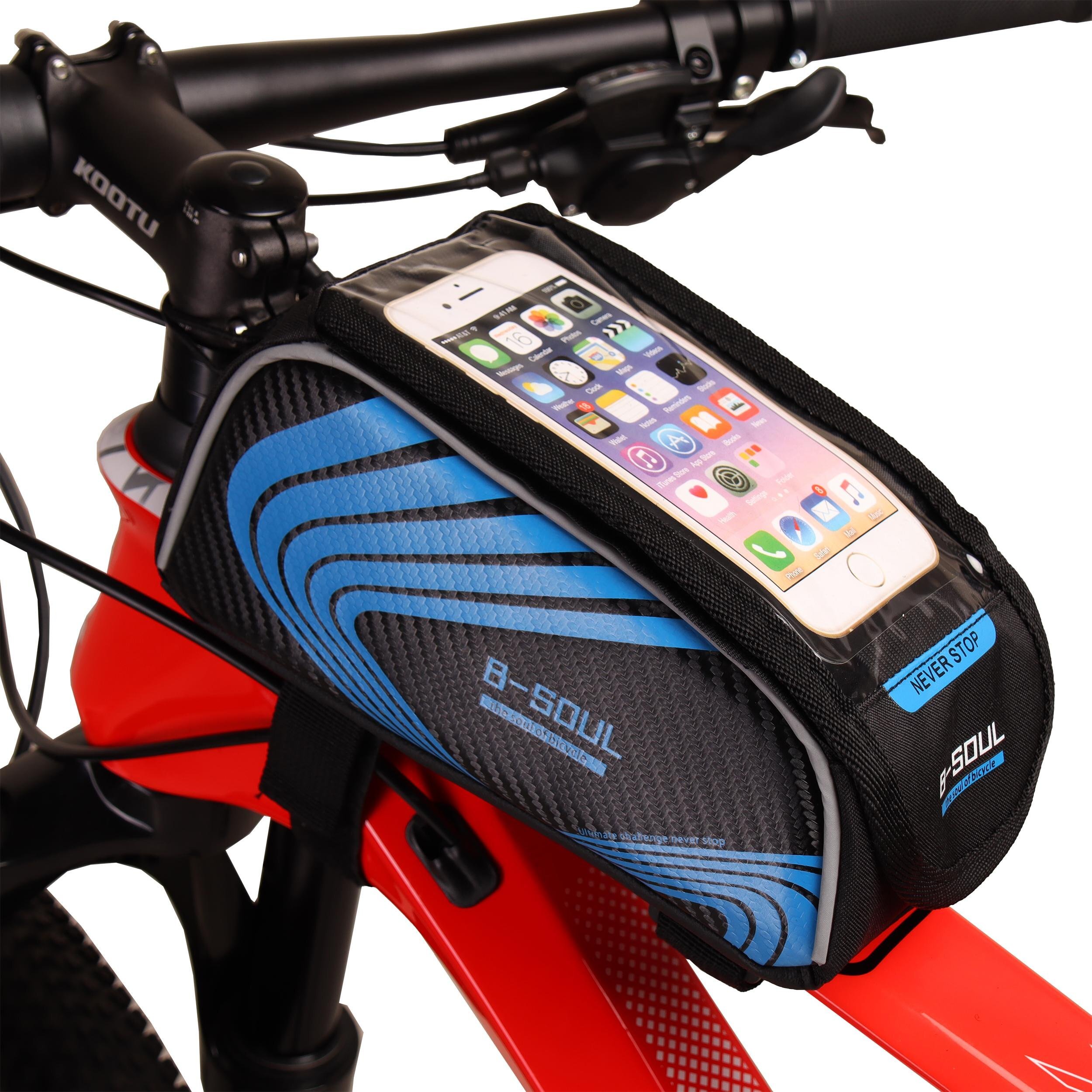 Сумка велосипедная на раму BICYCLE SOUL, TPU стенки корпуса, с отделением для смартфона, основной отсек на липучке velcro, чёрно-синяя, 21 х 9 х 10 см Сумка велосипедная на раму BICYCLE SOUL, TPU стенки корпуса, с отделением для смартфона, основной отсек на липучке velcro, чёрно-синяя, 21 х 9 х 10 см