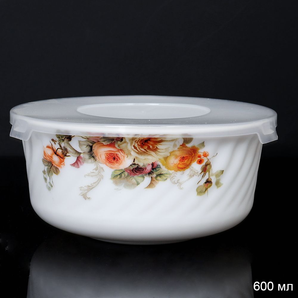 Салатник WHITE LILY с крышкой А Пионы , 600 мл, оранжевый, стеклокерамика
