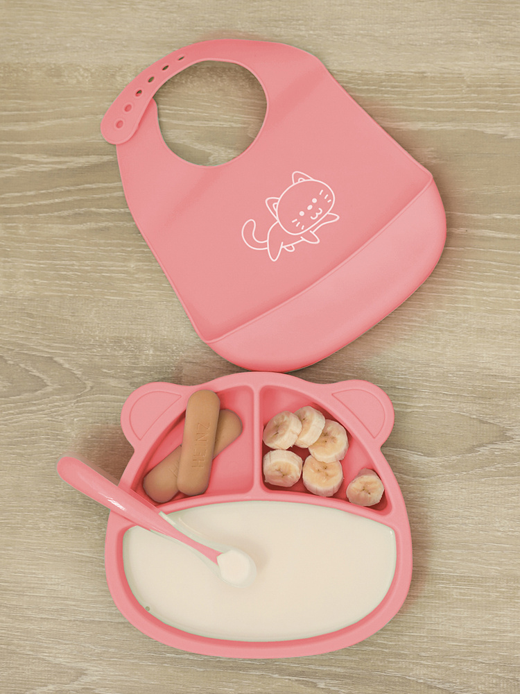 Детский набор из силикона для кормления -нагрудник, секционная тарелка на присоске, ложечка розовый  #1