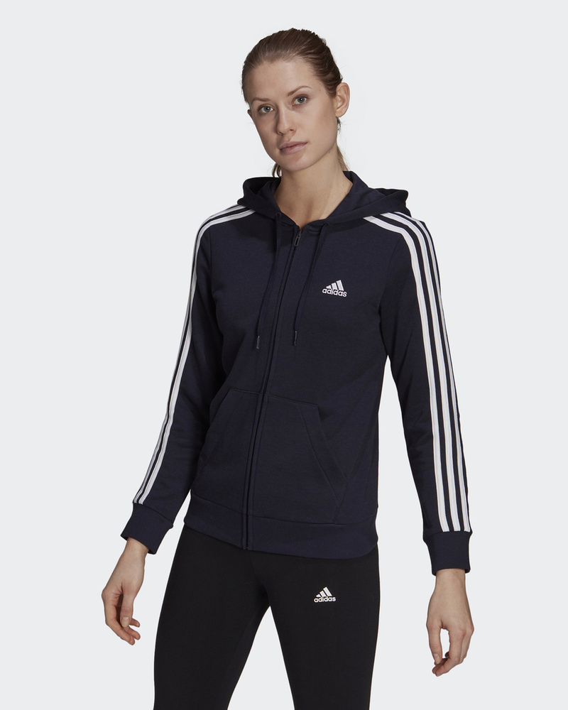 Adidas essentials 3 stripe full zip hoodie on sale