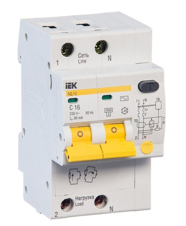 Дифференциальный автоматический выключатель АД12 2Р 16А 30мА IEK купить ...