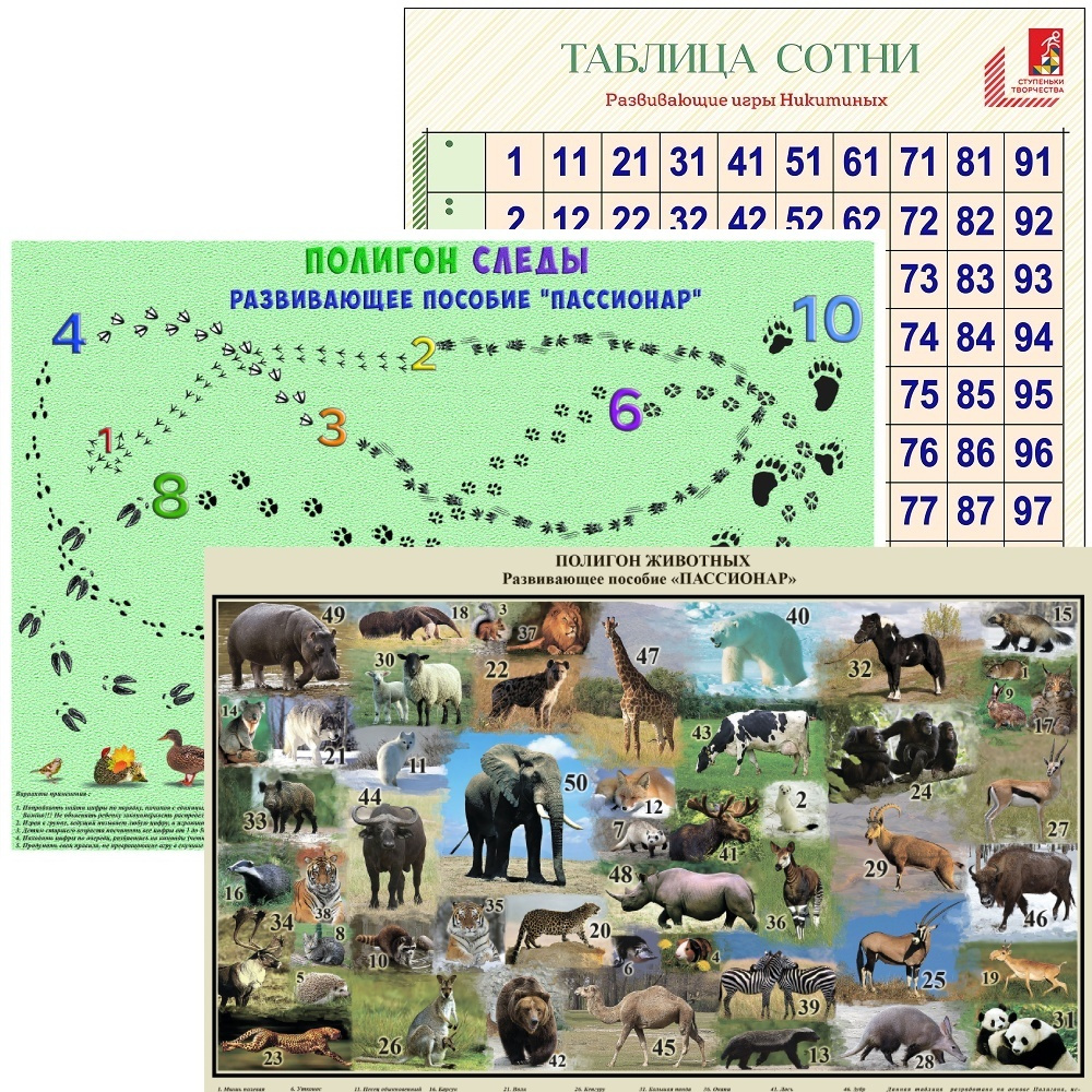 Развивающие плакаты от Семьи Никитиных Комплект №1 для малышей -  познавательные обучающие настенные пособия: Таблица Сотни, полигон Животные,  полигон Следы - купить с доставкой по выгодным ценам в интернет-магазине  OZON (390026241)