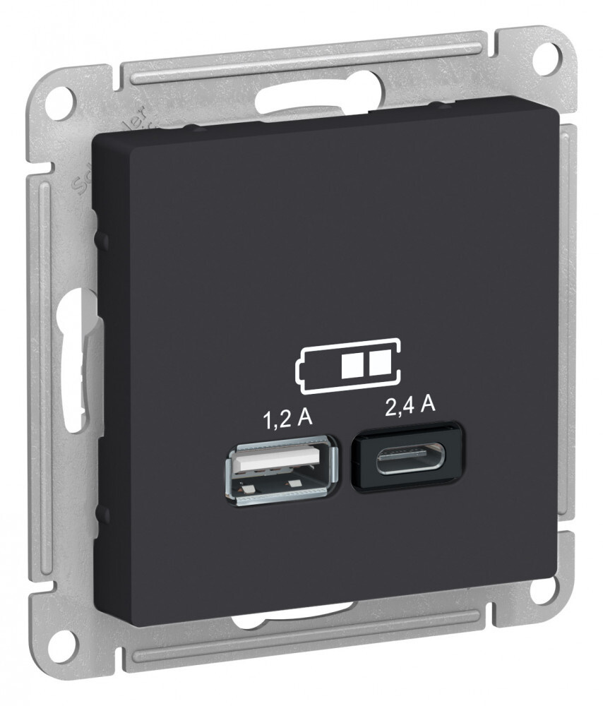 Розетка 1 СП USB А+С 2,4А (2х1,2А) 5В механизм SE AtlasDesign карбон #1