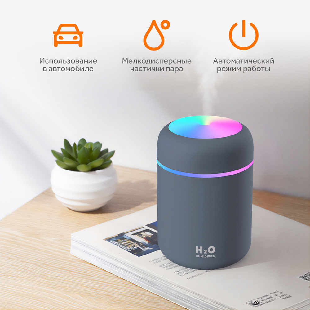 Ультразвуковой увлажнитель воздуха Humidifier Colorful H2O Clean Air, USB  питание, с разноцветной LED подсветкой, черный / Увлажнитель очиститель  воздуха для квартиры, для дома / Воздухоувлажнитель / Система увлажнения  воздуха / Фильтр для