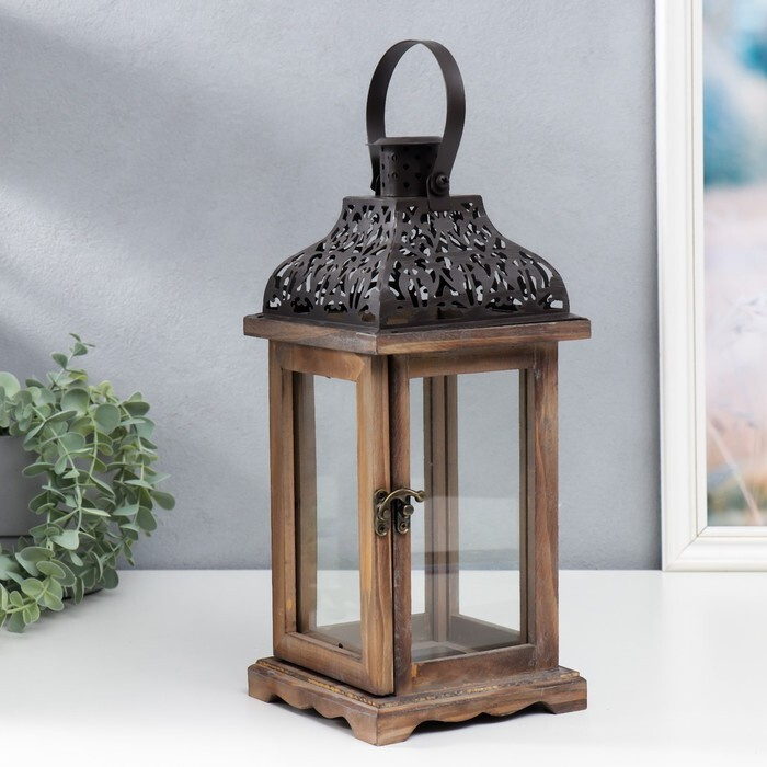 Подсвечник дерево на 1 свечу 'Фонарь с резной крышей' темно-коричневый ...