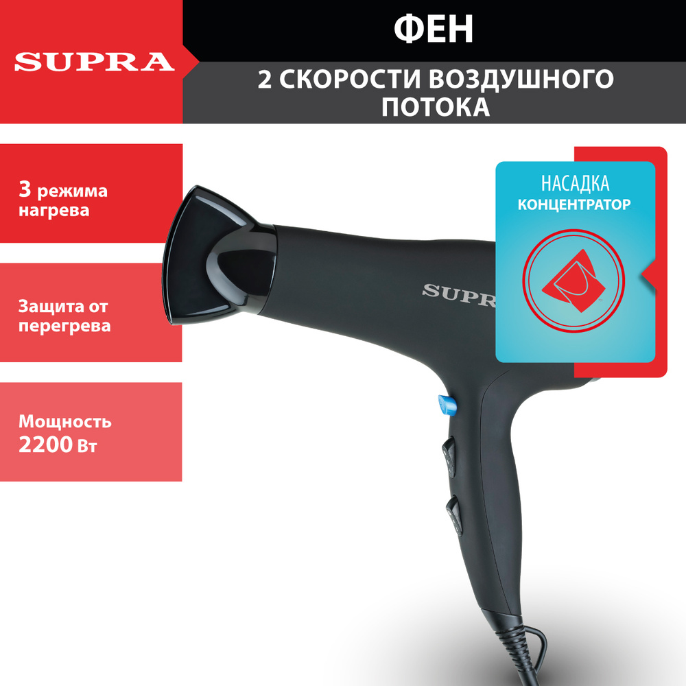 Фен для волос Supra PHS-2204L, черный - купить по выгодным ценам в  интернет-магазине OZON (223513829)