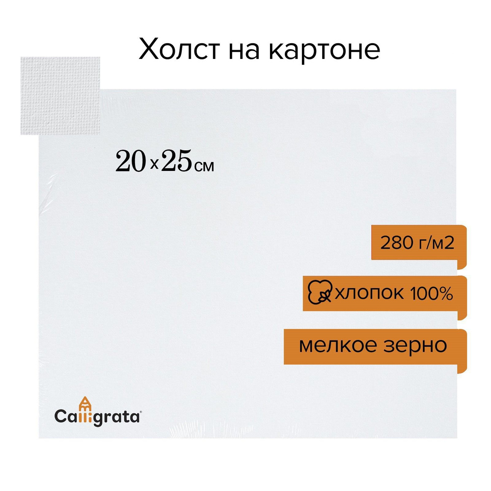 Холст на картоне хлопок 280 г/м2, 20 х 25 см, ширина 3 мм, акриловый грунт, мелкое зерно, для рисования #1