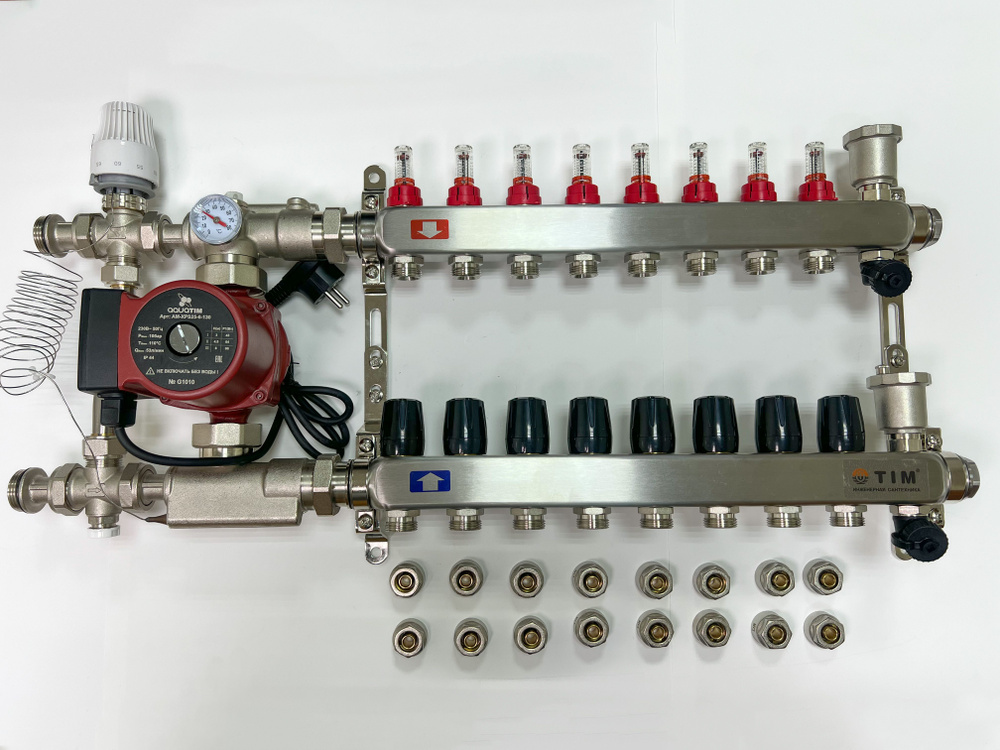 Комплект для водяного теплого пола с насосом: Коллектор 8 выхода с расходомерами + смесительный узел #1