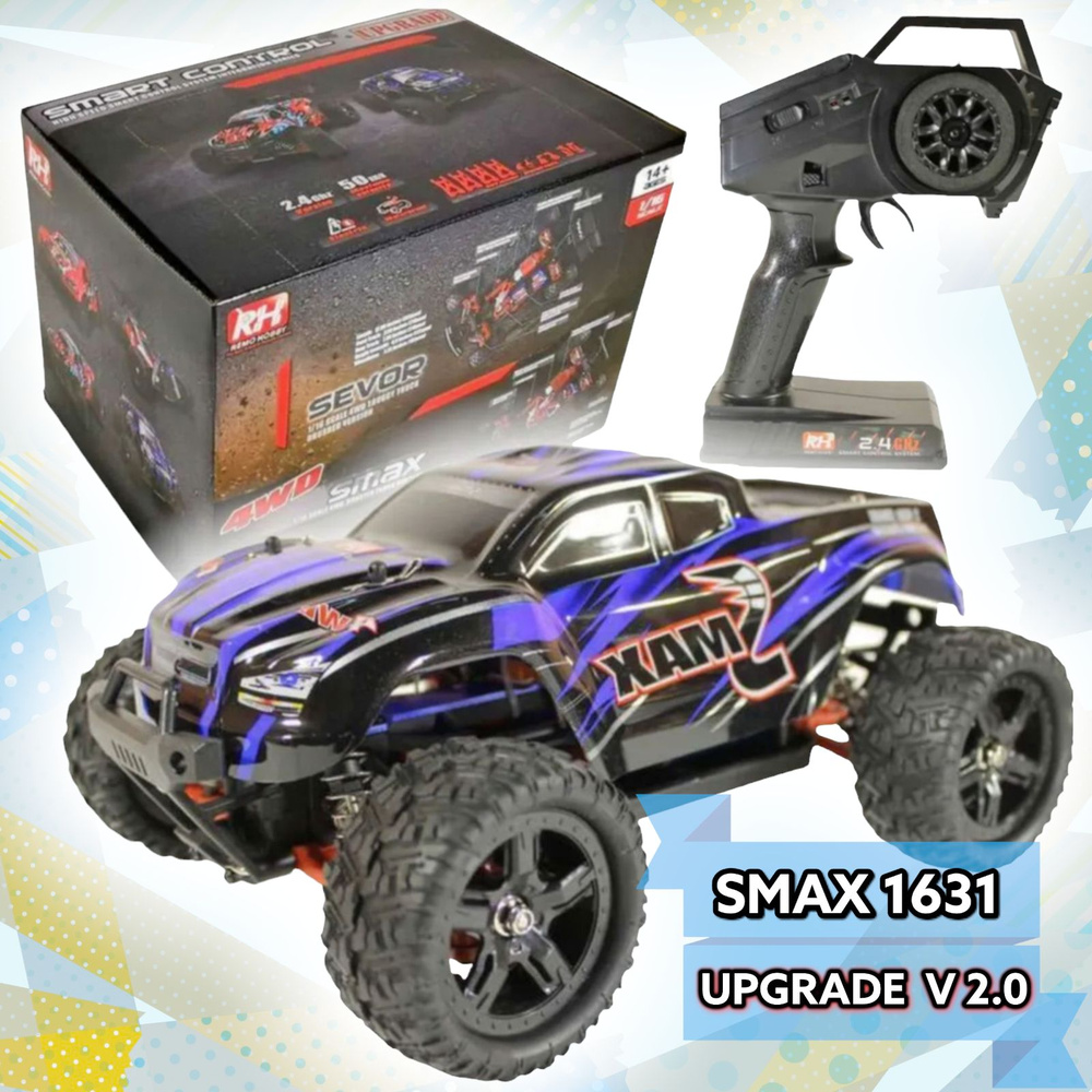 Машинка на радиоуправлении 1/16 монстр-трак Remo Hobby SMAX UPGRADE V2.0/  4WD 2.4G RTR / Синий - купить с доставкой по выгодным ценам в  интернет-магазине OZON (845064940)