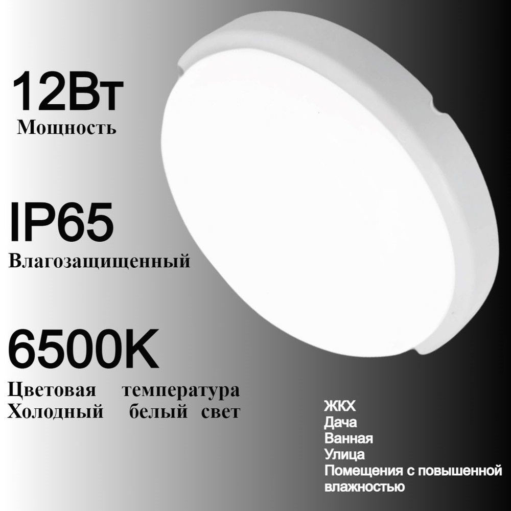 Светильник для ванной светодиодный герметичный 12вт круг, 6500К холодный  свет, светильник влагозащищенный для улицы, ЖКХ, для дачи,