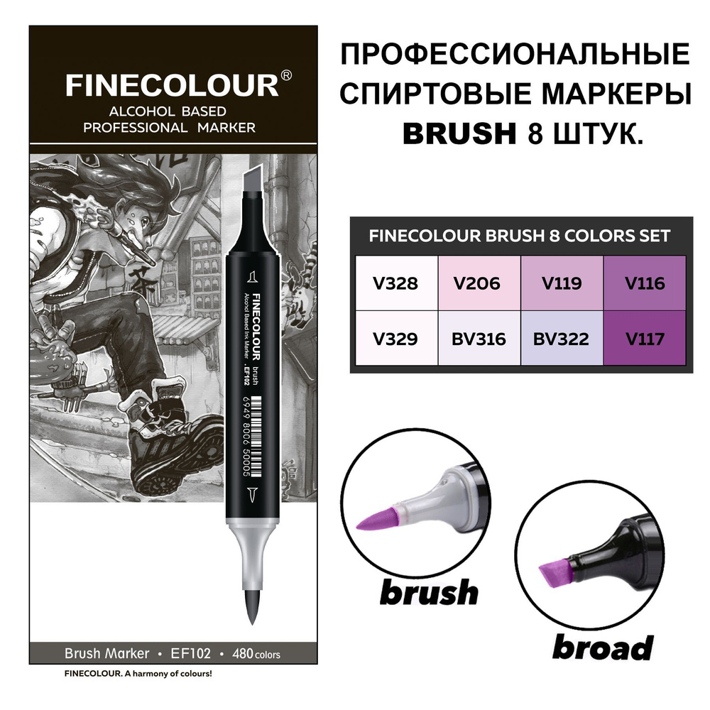 Набор двусторонних спиртовых маркеров для скетчинга FINECOLOUR BRUSH Set 2, 8 шт.  #1