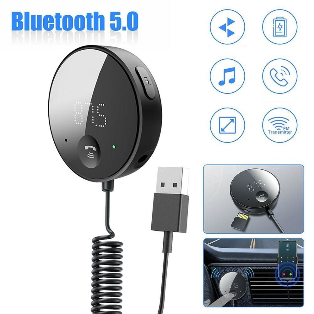 Автомобильный Bluetooth 5.0 AUX адаптер, для аудио, встроенный микрофон /  Блютуз аукс в машину / FM трансмиттер, модулятор