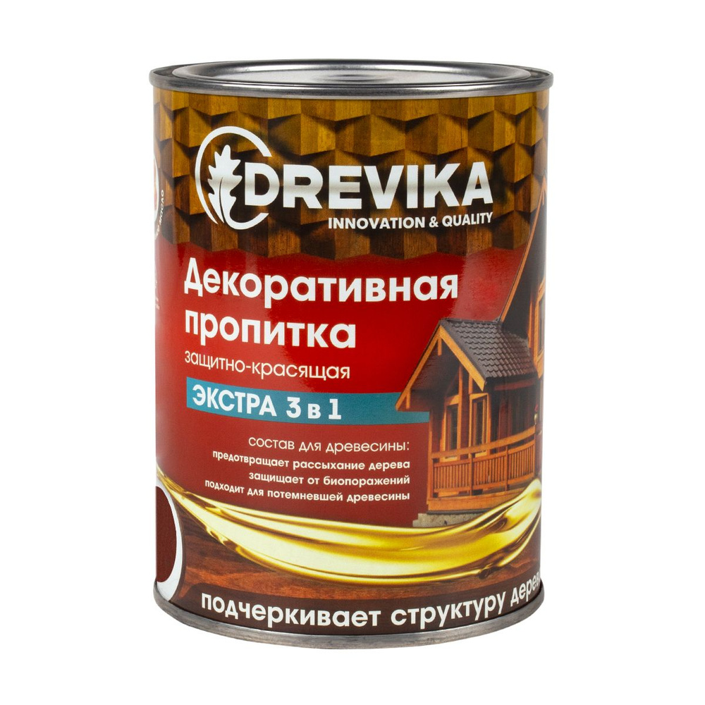 Декоративная пропитка для дерева Drevika Экстра 3 в 1, полуматовая, 0,8 л,  красное дерево