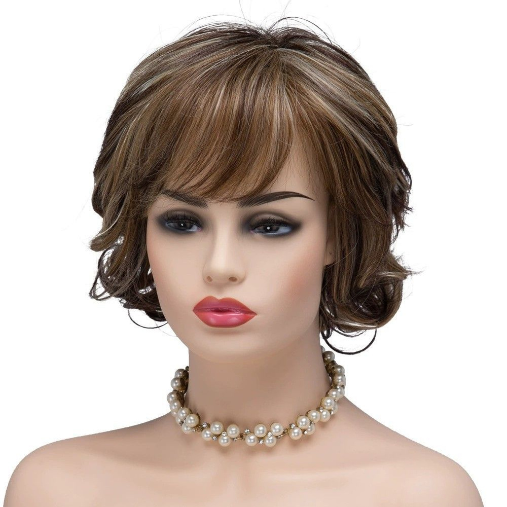 Женские короткие вьющиеся синтетические полные парики с челкой ...