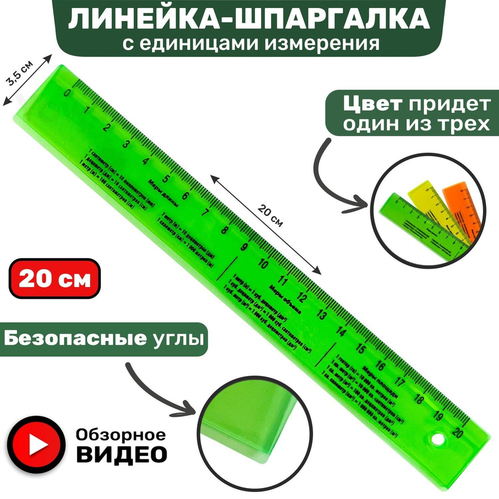 Линейка справочная 20 см пластиковая с подсказками единицами измерения ...