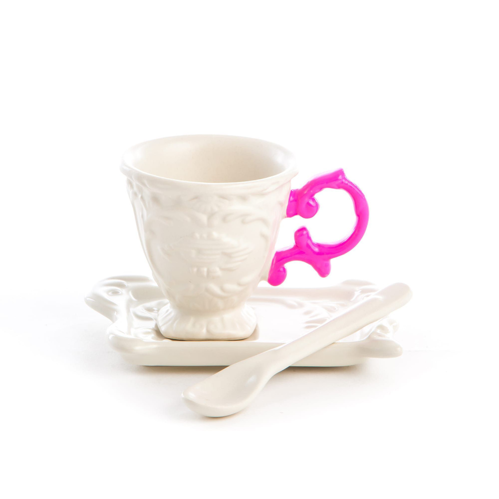 Кофейная пара Seletti I-Wares 09859 FUC I-Coffee Fucsia из фарфора с цветной ручкой / Дизайнерская посуда #1