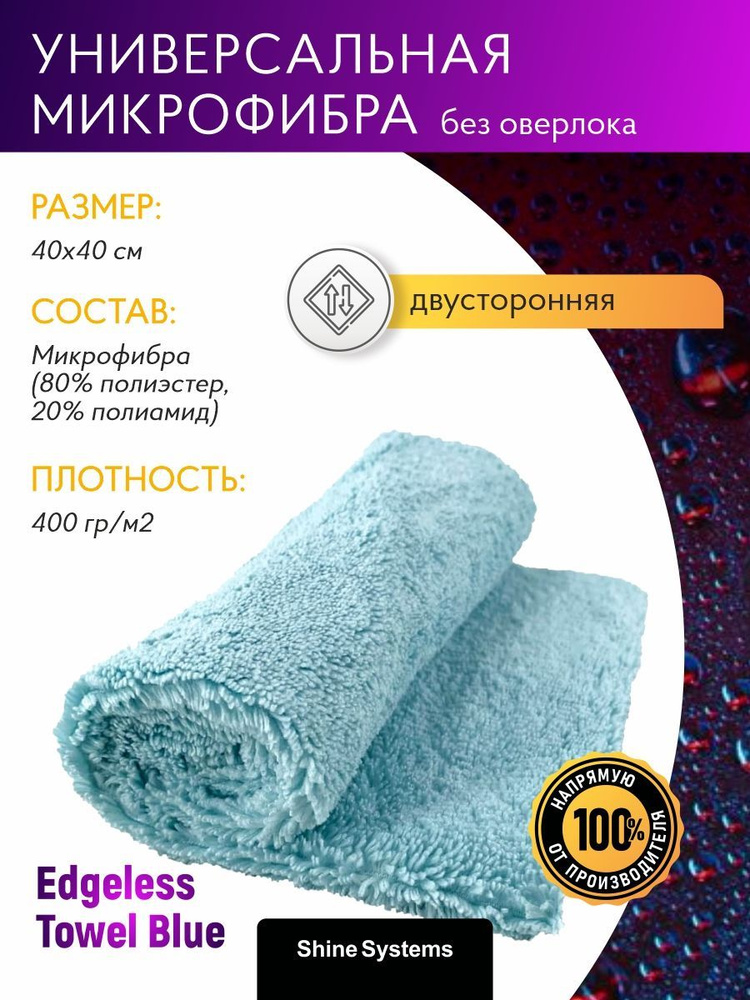 Микрофибра без оверлока Shine Systems Edgeless Towel Blue, 40*40см, 400гр/м2, голубая SS996 #1