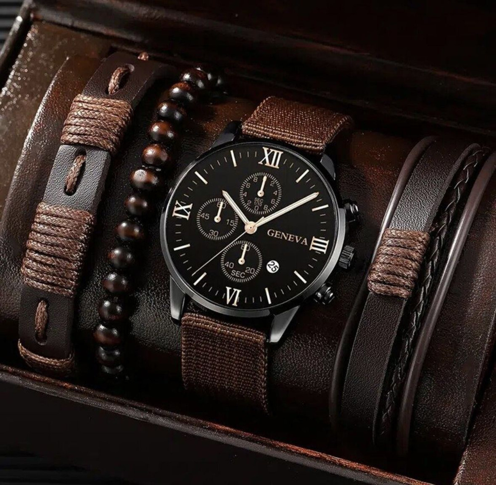 Часы мужские кварцевые наручные/ мужской комплект - часы, 3 браслета ...